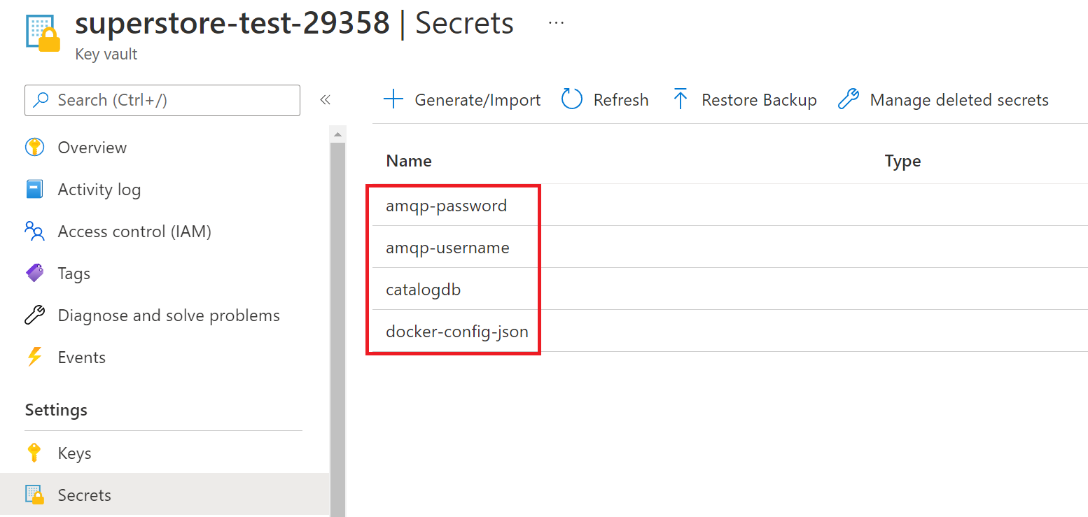 Created secrets in Azure KeyVault