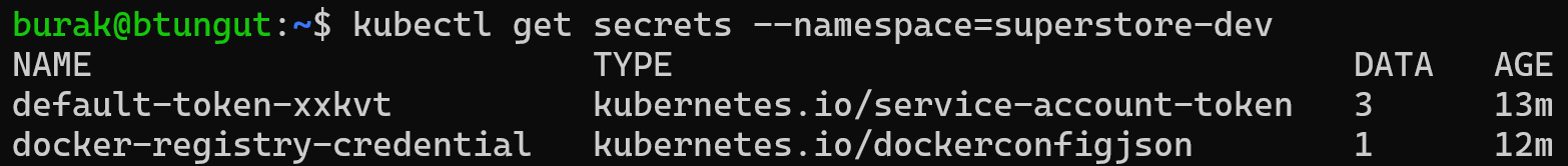 Secrets in superstore-dev namespace