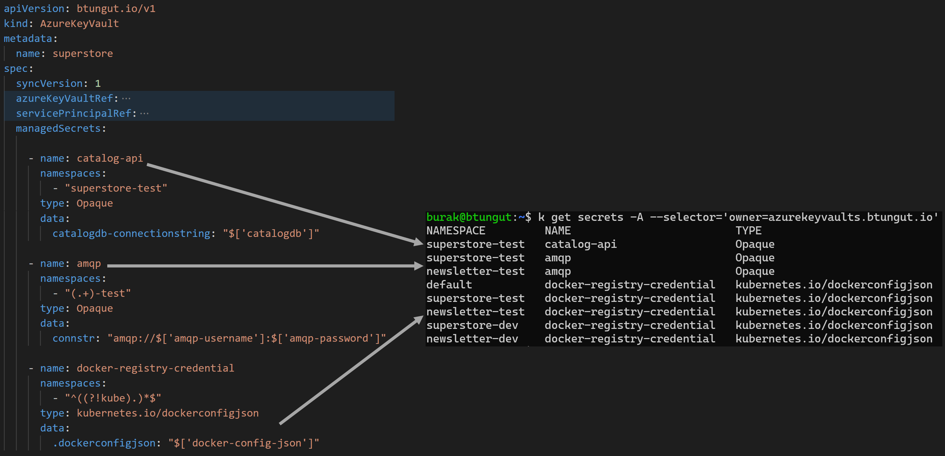 AzureKeyVault object and created secrets